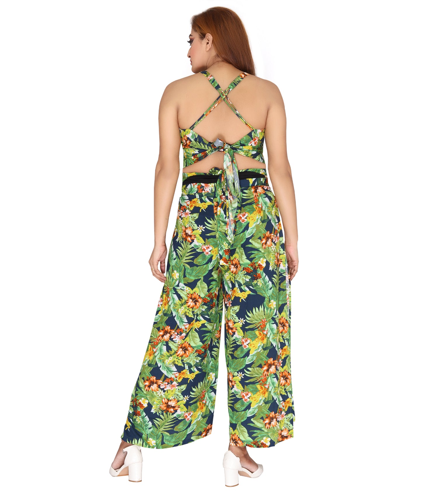 Back view of the 100% Rayon Beach Coverup showcasing adjustable back tie detailing and tropical print.