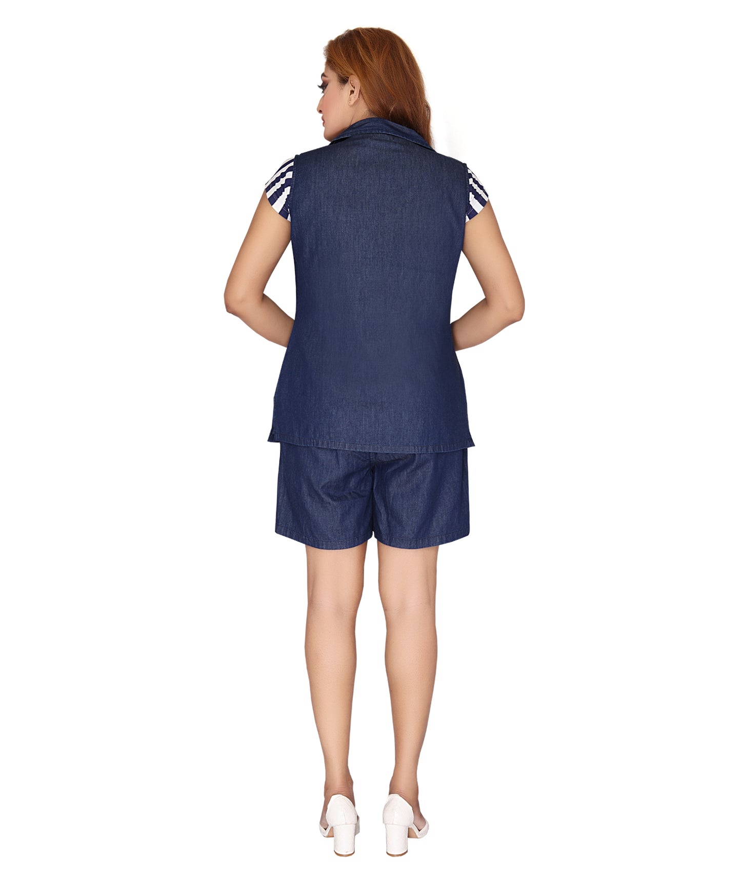 Back view of the Ladies Vest and Shorts Set highlighting the denim dyed fabric and relaxed silhouette