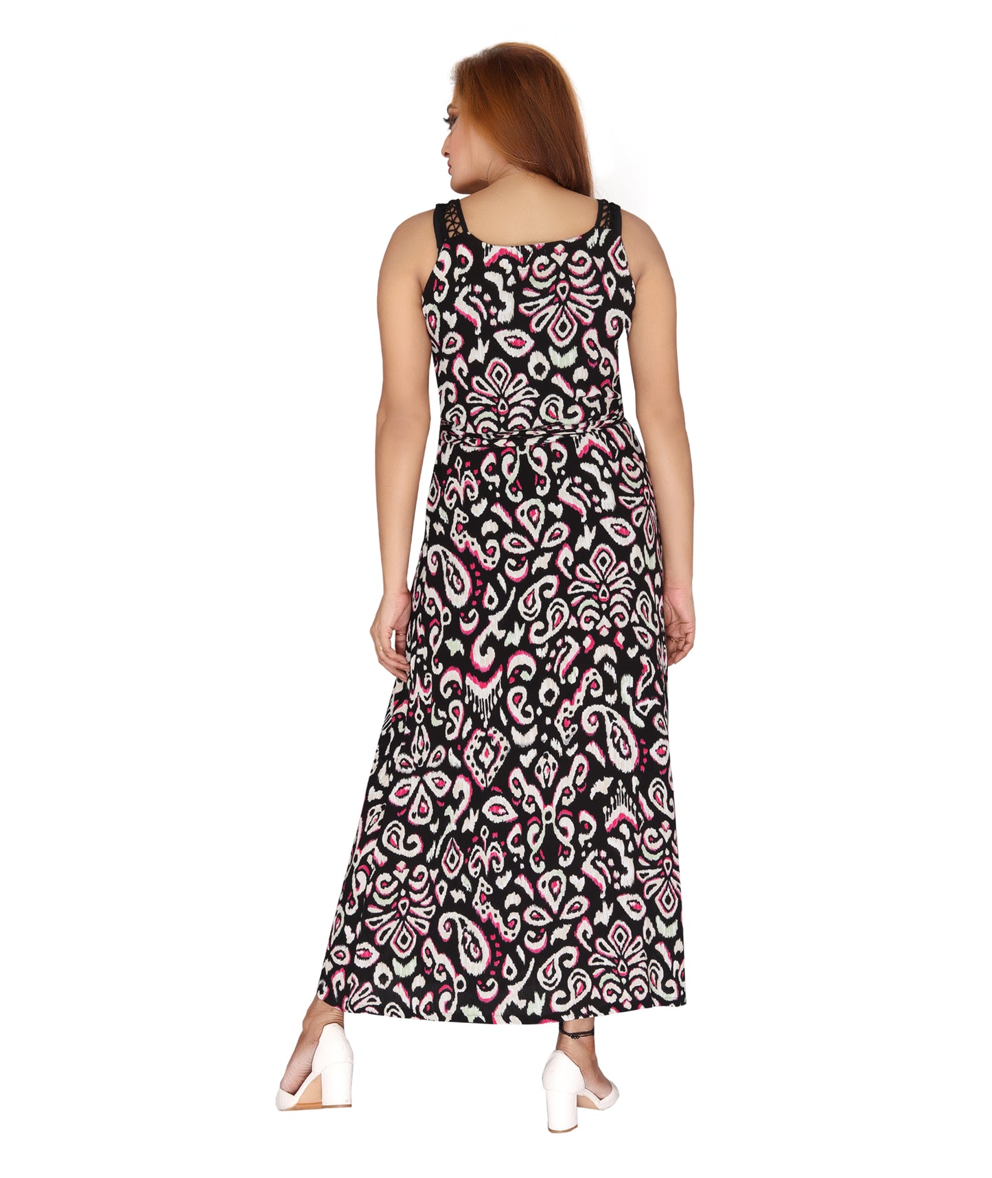Back view of the Ladies Wrap Dress highlighting the elegant pattern and wrap style with belt ties