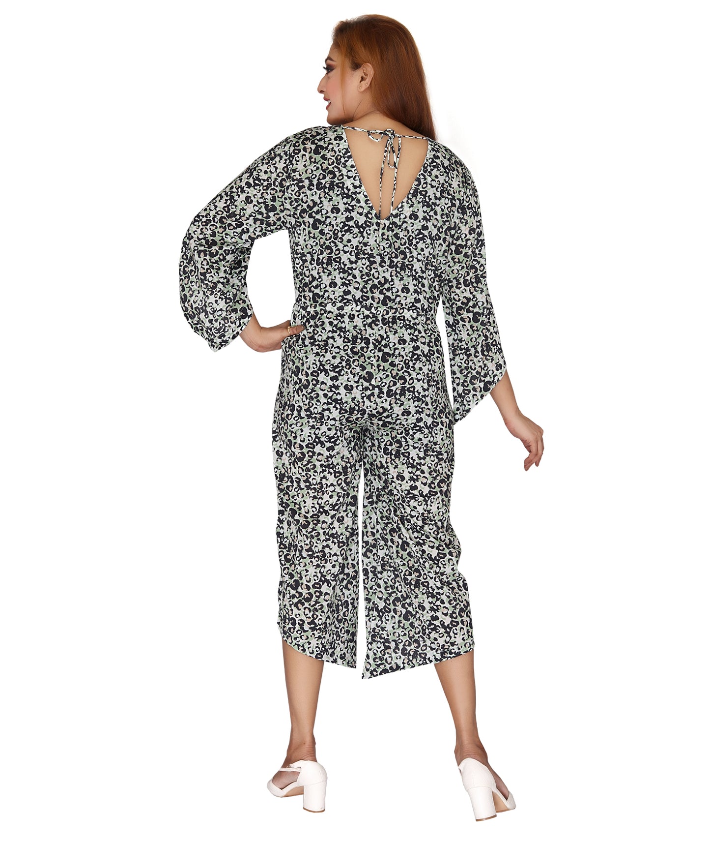 Back view of the 100% Viscose Modal Ladies Jumpsuit highlighting the tie-back detailing and fashionable print.