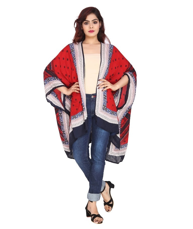 Rayon Printed Kaftan Style Shrug in Red with Black Prints