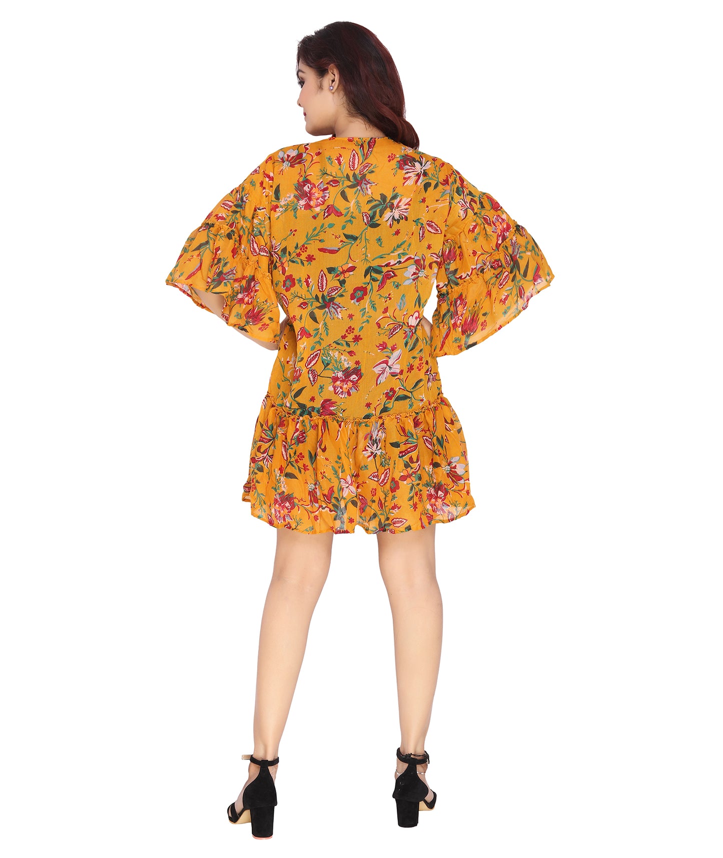Back view of floral printed polyester coverup, showcasing its flowing design and vibrant floral patterns. Lightweight summer shrug for layering