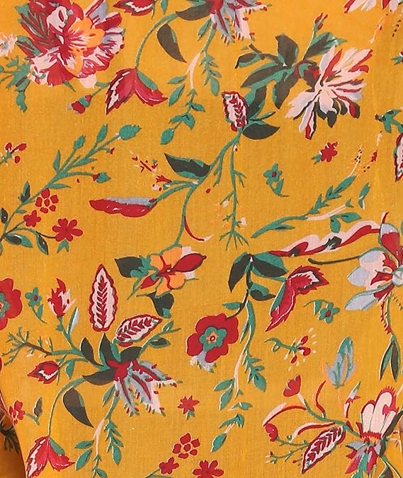 Close-up of floral printed polyester coverup with vibrant yellow background and intricate floral designs.