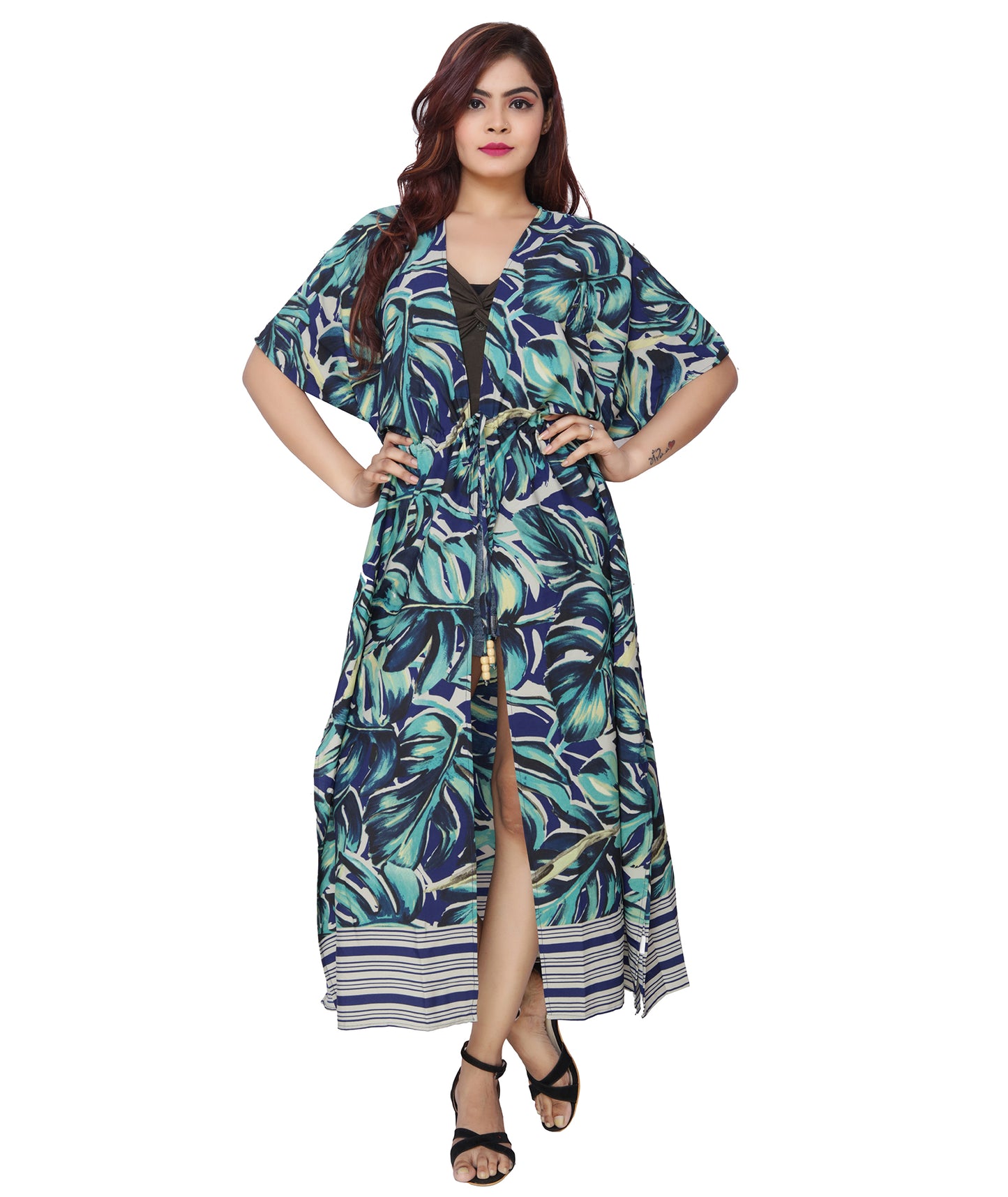 Polyester Printed Kaftan Shrug in Blue and Green Leaf Design