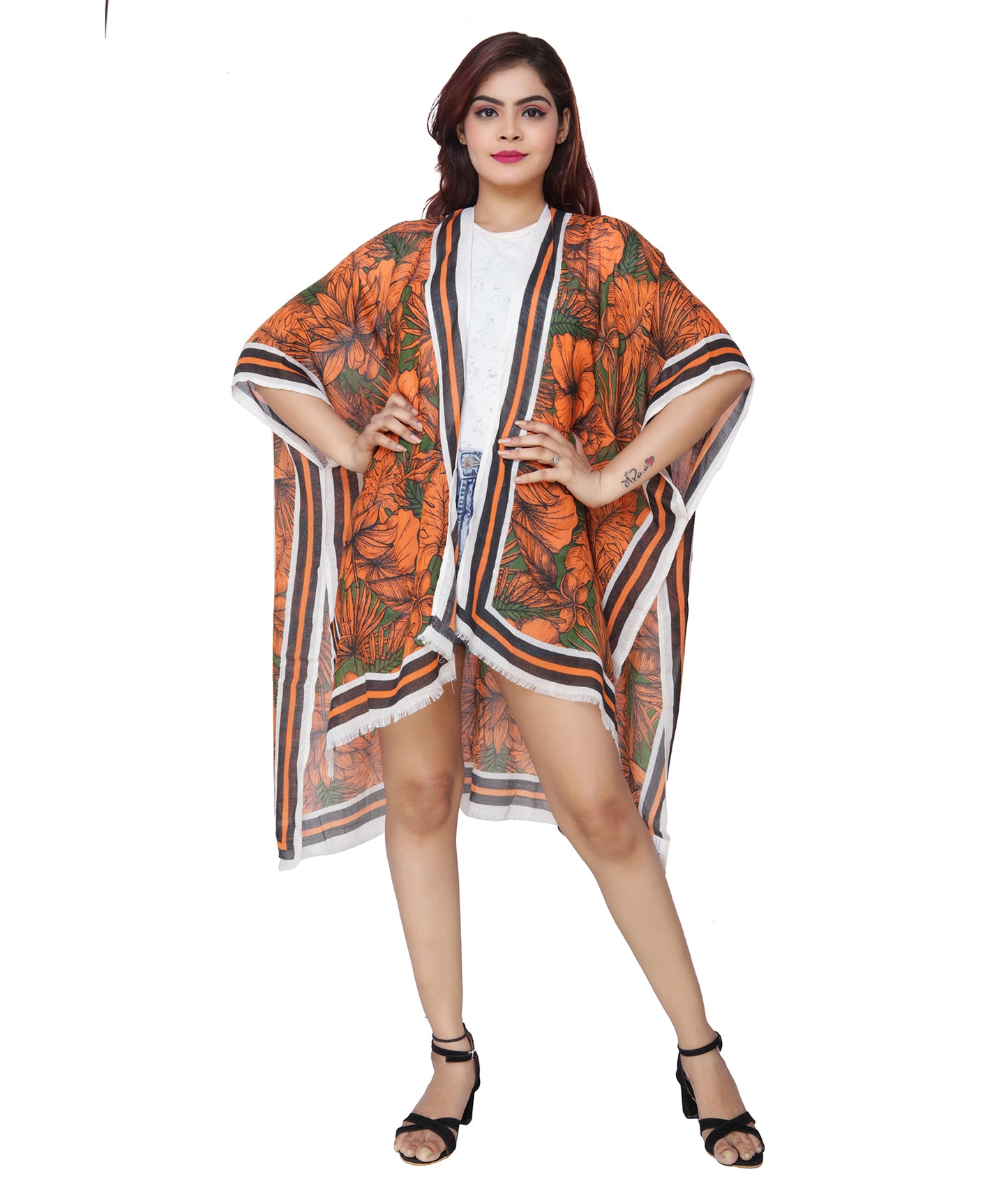 Artistic Floral Polyester Ladies Shrug in Orange and Green