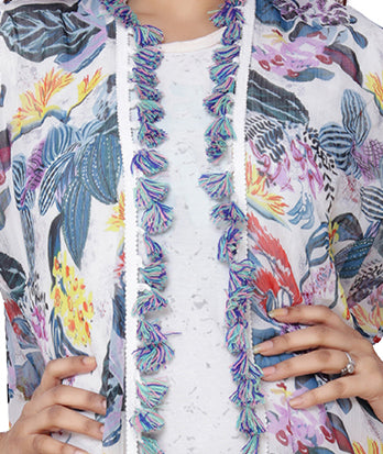 Close-up of floral printed polyester shrug coverup featuring intricate tassel details and vibrant floral pattern.