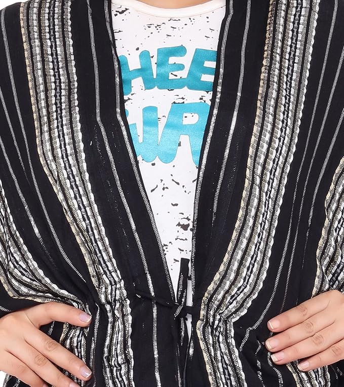 Black & White Striped Ladies Shrug with Drawstring Waist