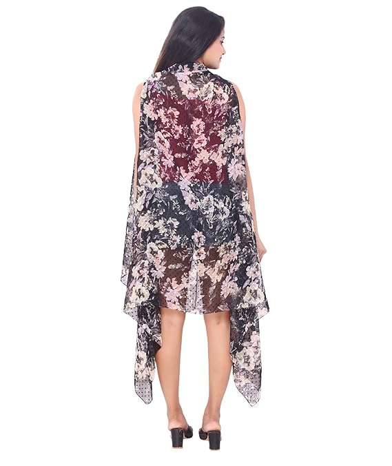 Back view of a 100% polyester floral printed vest, displaying the full-length flow of the fabric and detailed floral pattern across the back.