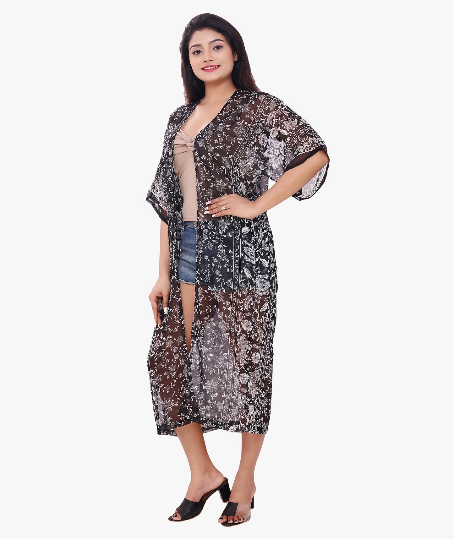 Nature-Inspired Floral & Leaf Print Shrug with Loose Half Sleeves