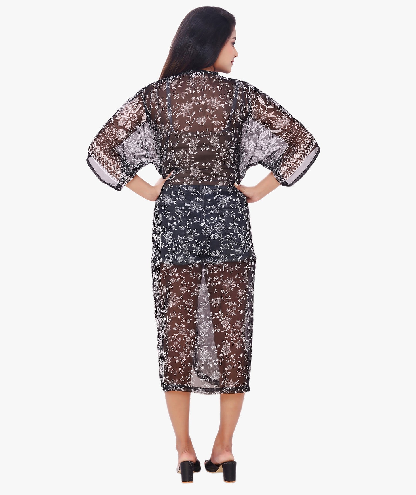 Calf-Length Printed Polyester Shrug for Women