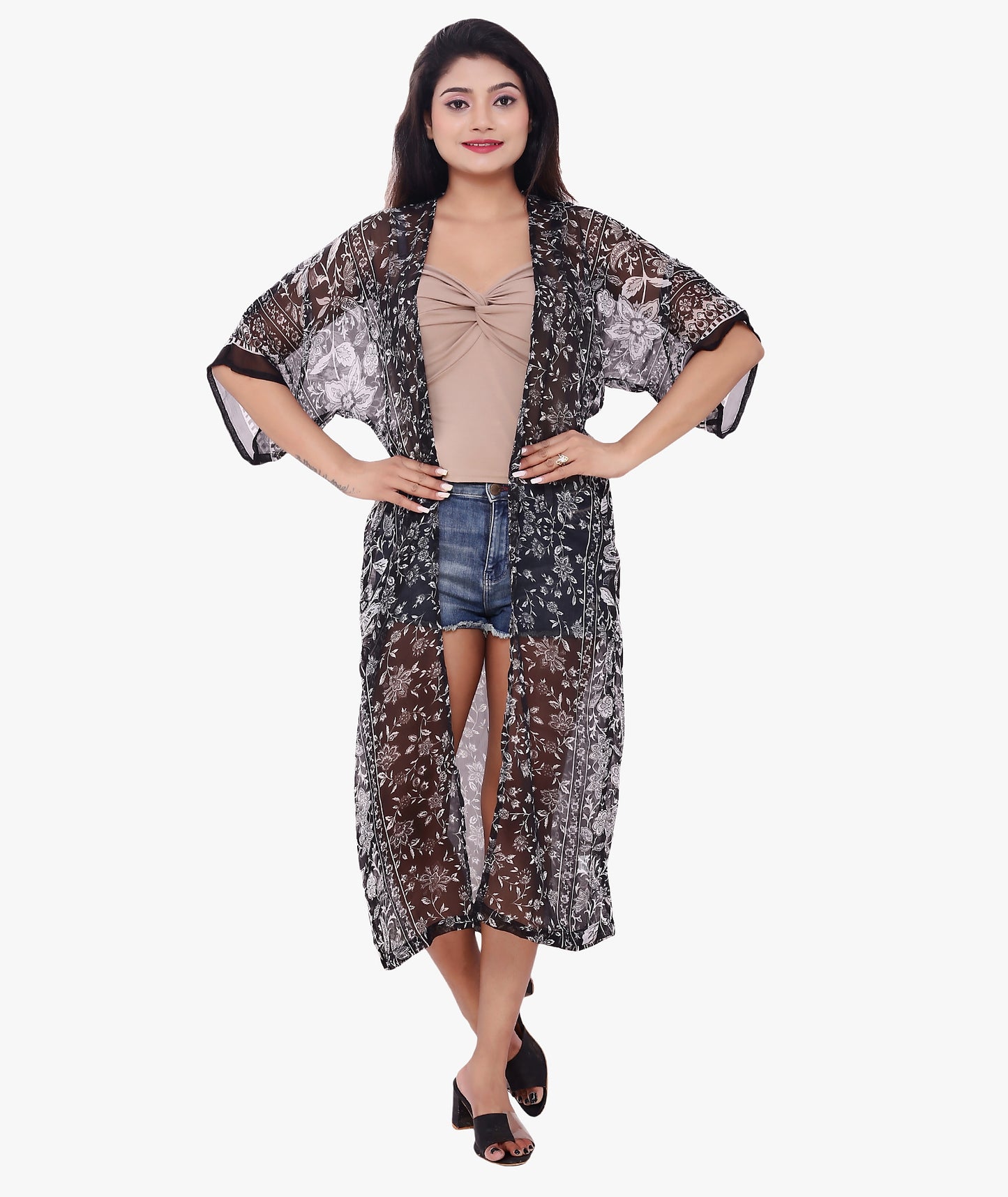 Nature-Inspired Floral & Leaf Print Shrug with Loose Half Sleeves
