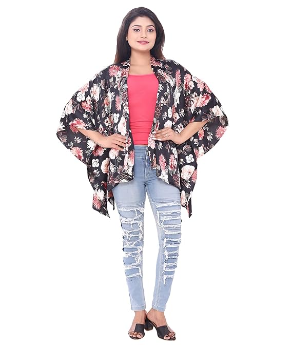 Satin-Finish Polyester Printed Shrug for Women with Floral Design