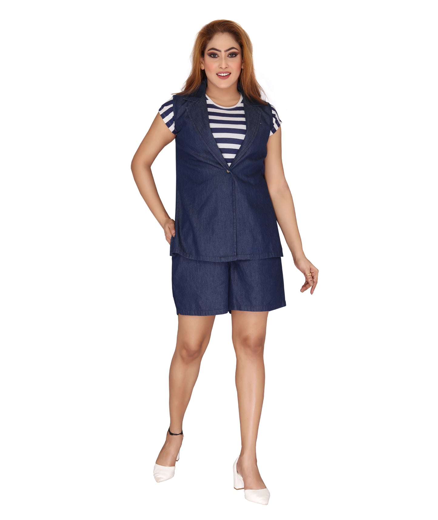 Front view of the Ladies Vest and Shorts Set in 100% Cotton Denim, showcasing the stylish and comfortable fit