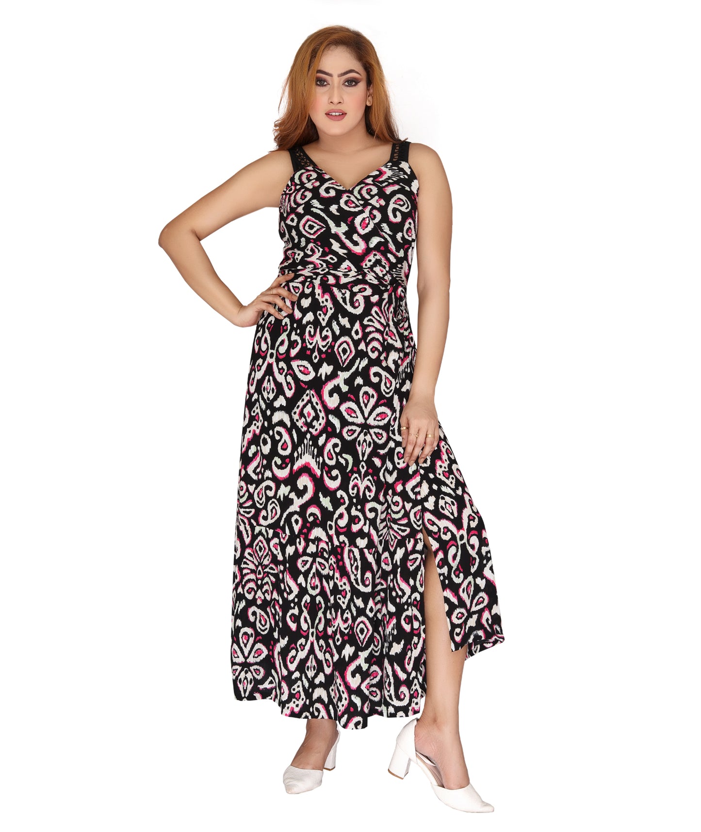 Front view of the Ladies Wrap Dress with ties, made from 100% Rayon Crepe, showing the printed design and customizable fit