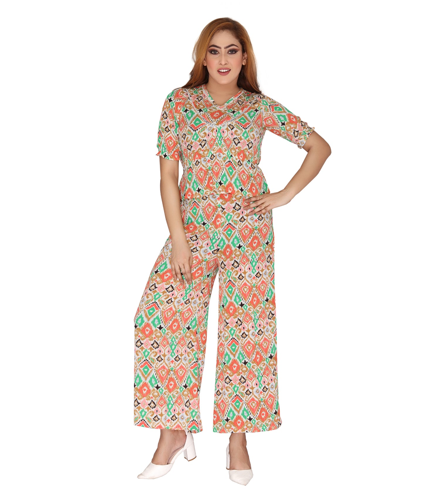 Front view of the Printed Ladies Top and Pant Coord Set, made from 100% Rayon Crepe, showcasing the vibrant pattern and coordinated style