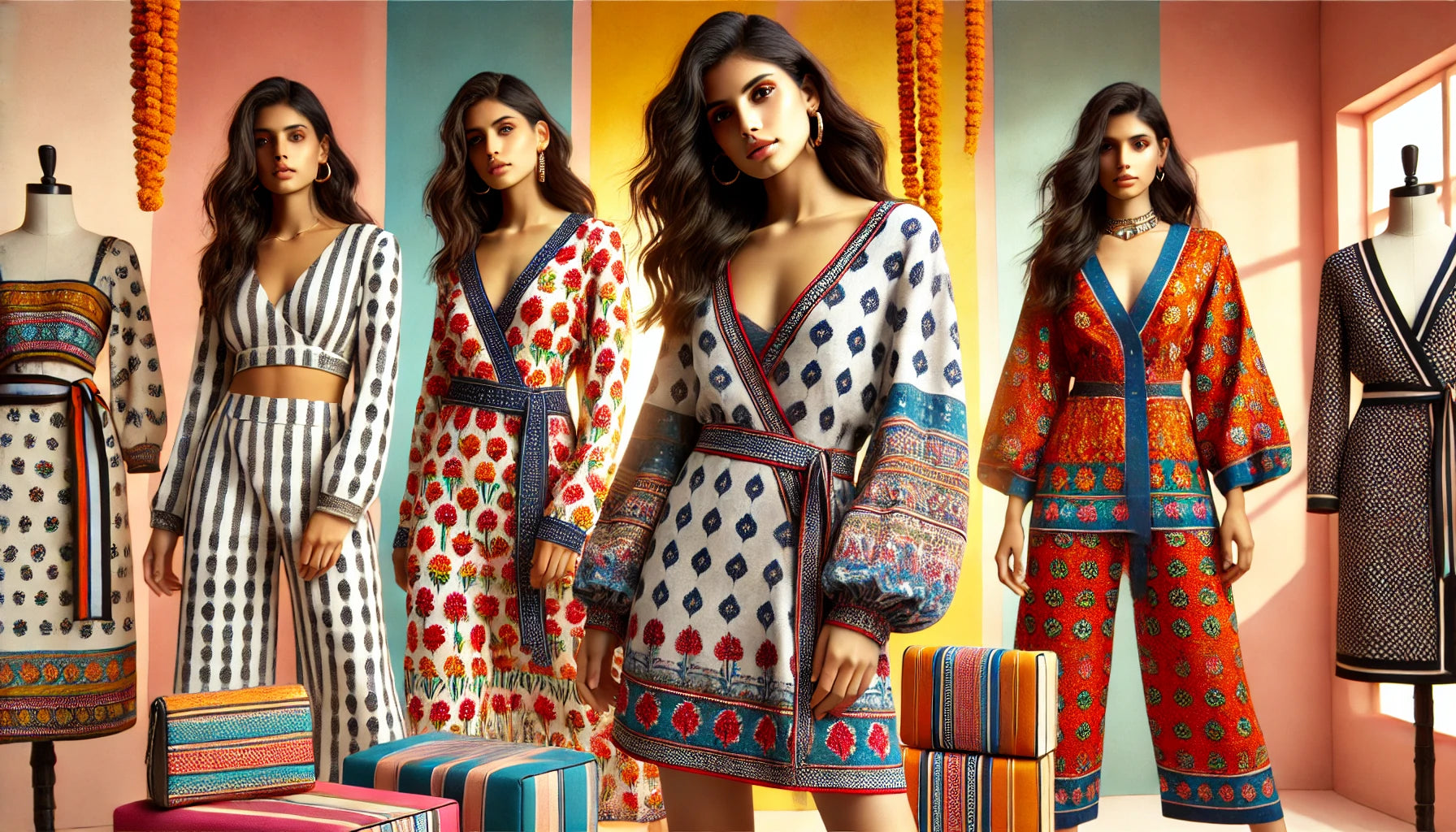 Vibrant banner image for Gen Z, showcasing women in colorful printed dresses and coord sets, with softened expressions, set against a lively, modern backdrop.
