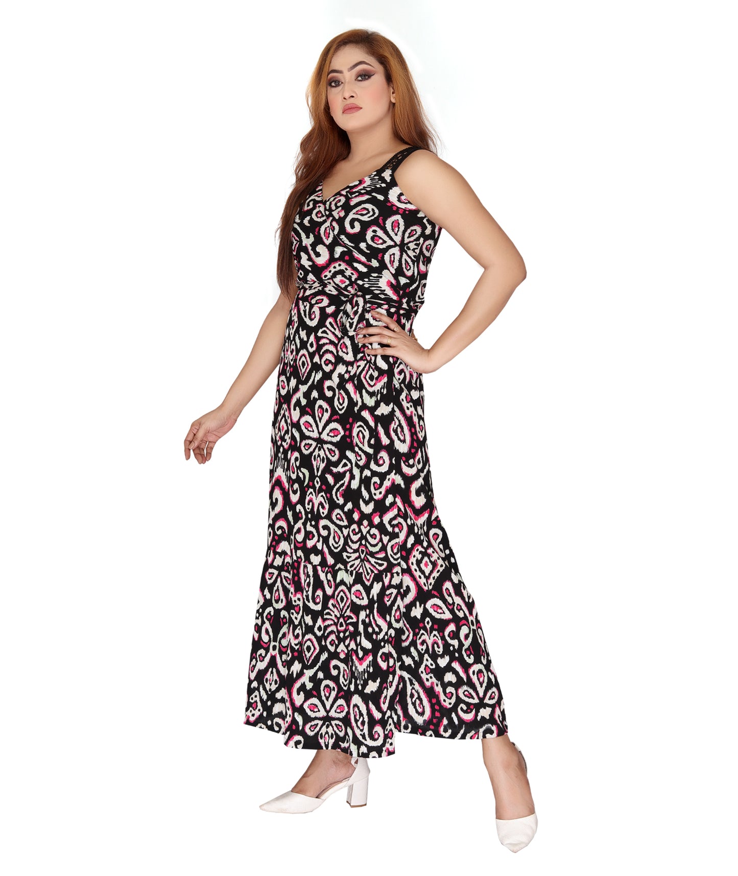Left Side view of the Rayon Crepe Wrap Dress displaying the lightweight fabric and adjustable wrap design