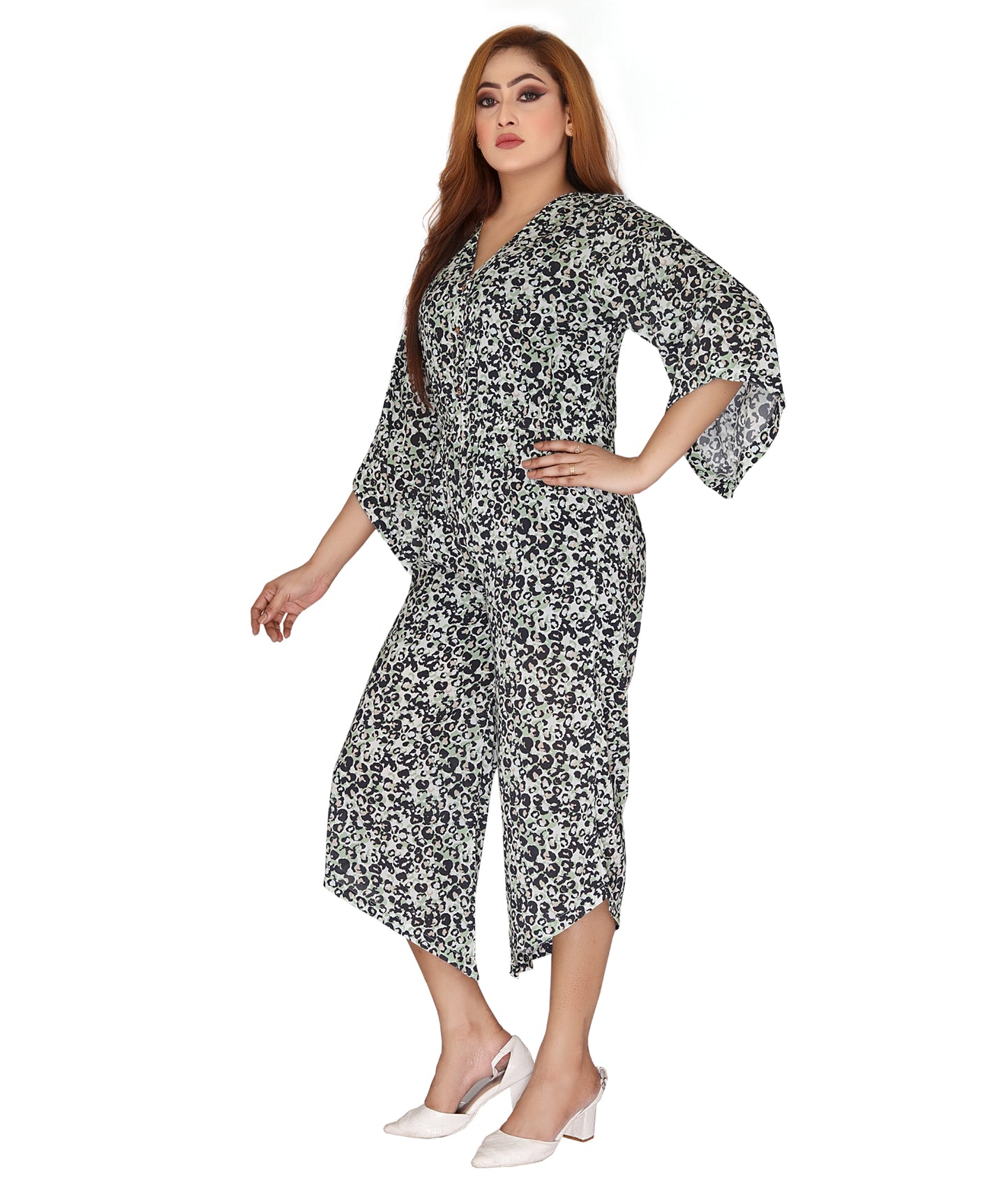 Left side view of the Viscose Modal Jumpsuit highlighting the flowy silhouette and fashionable design.