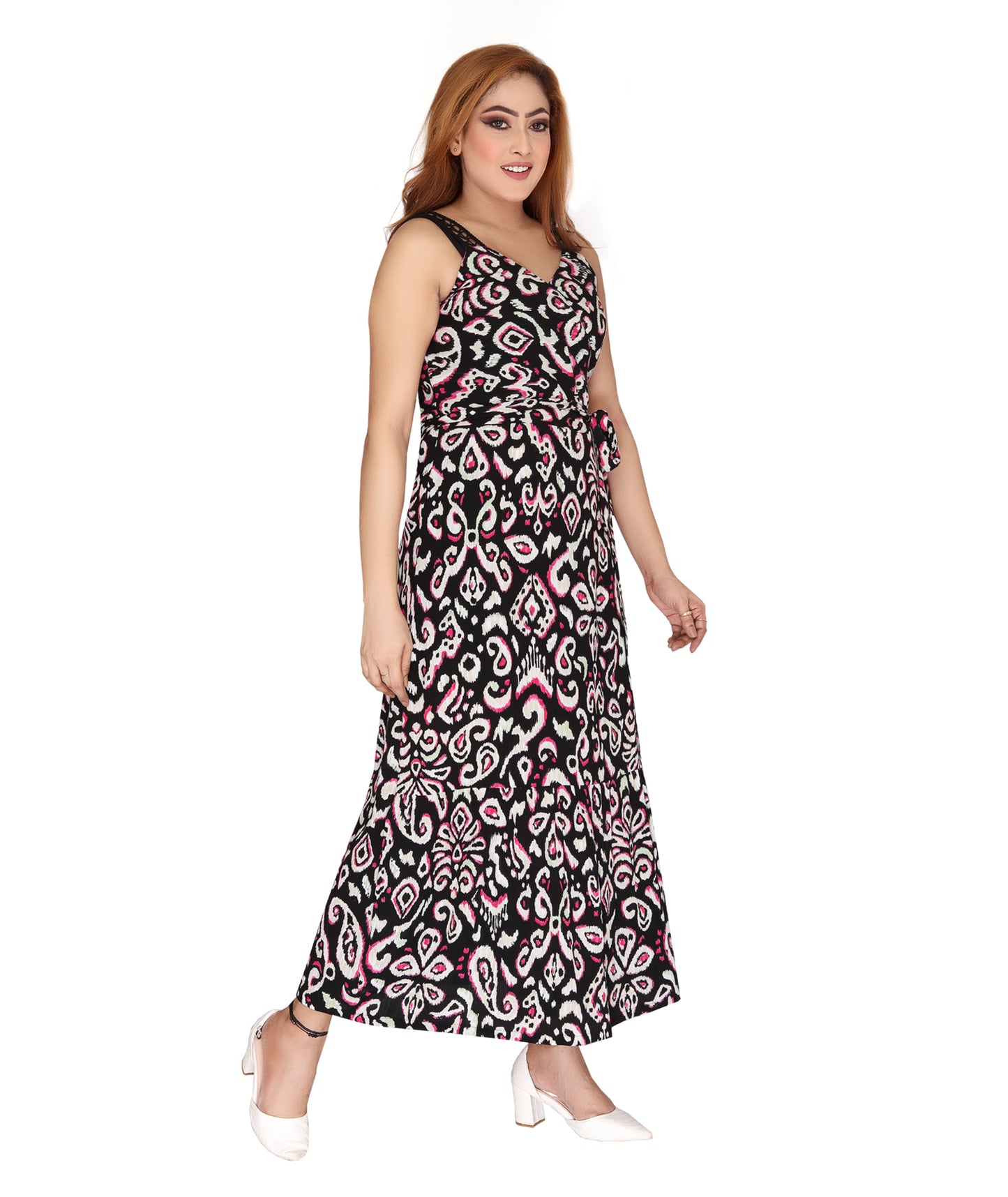 Right Side view of the Rayon Crepe Wrap Dress displaying the lightweight fabric and adjustable wrap design.