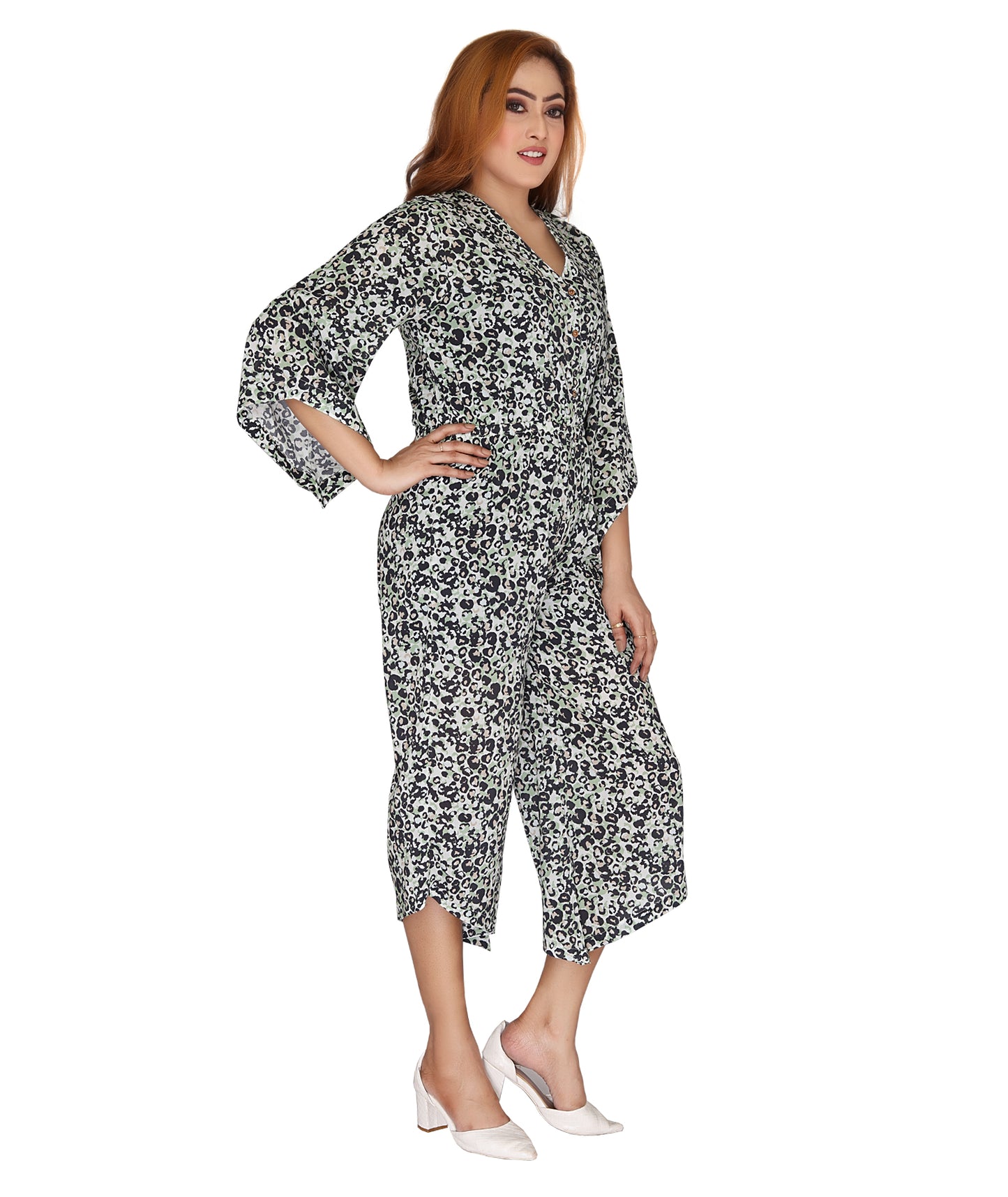Right side view of the Viscose Modal Jumpsuit highlighting the flowy silhouette and fashionable design.