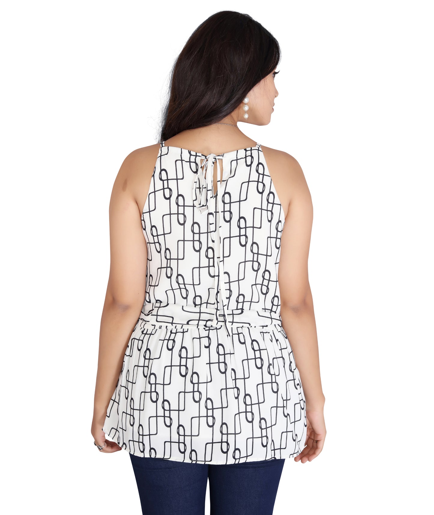 Back view of a polyester sleeveless top with a tie-back detail, showcasing the elegant black and white chain pattern.