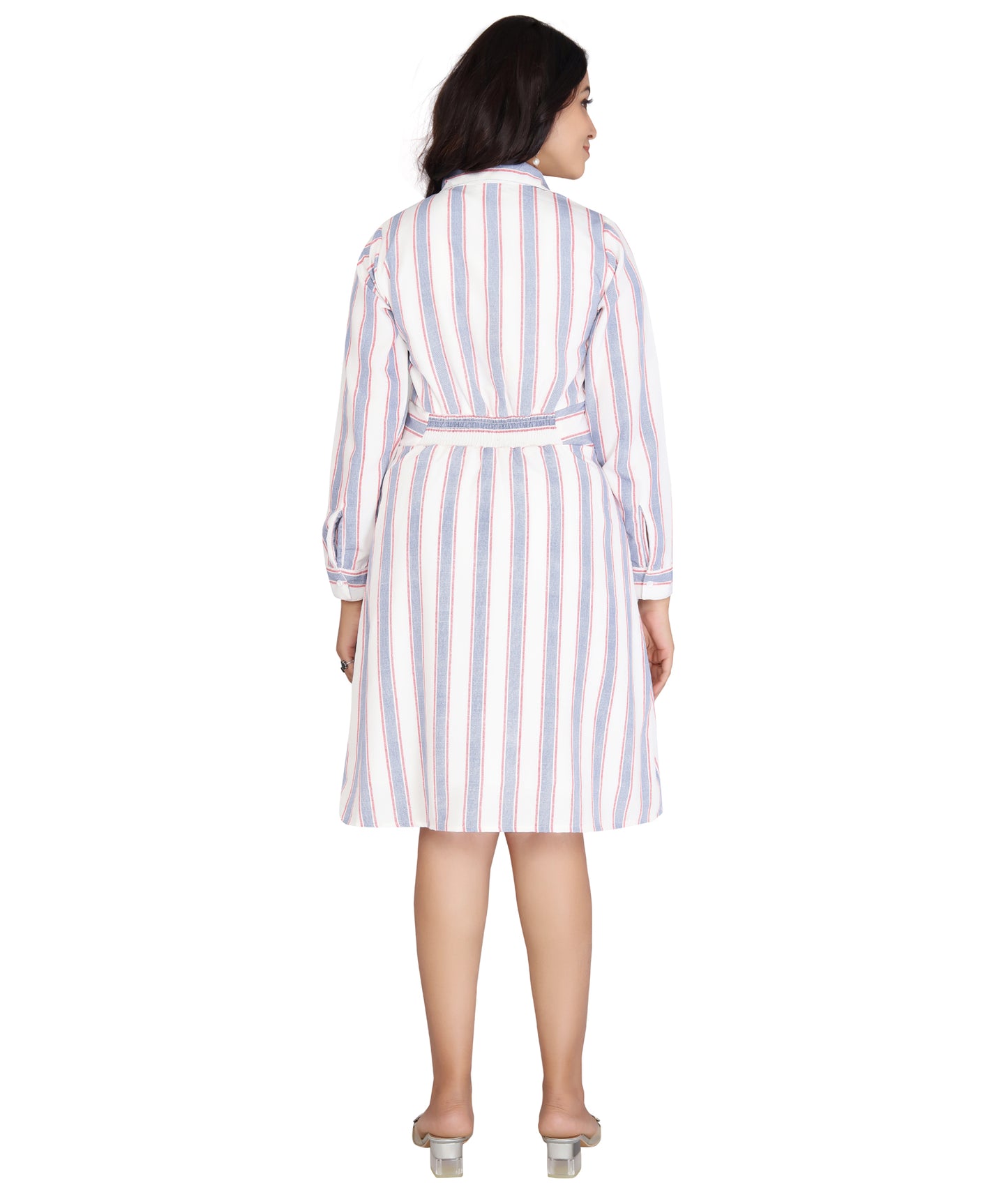 Back view of the long-sleeve striped polyester dress, showcasing its comfortable and elegant fit.