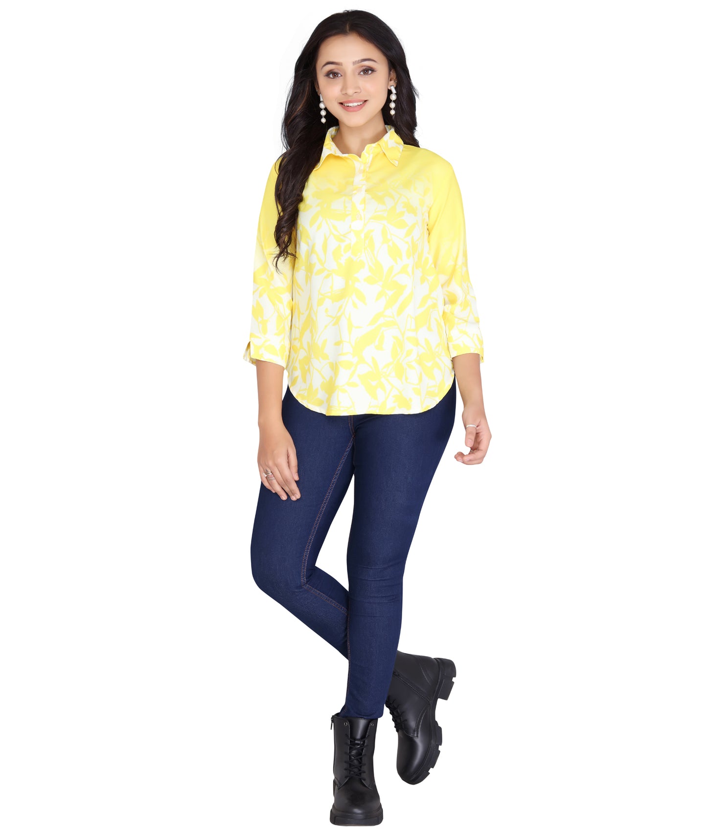 Full front view of a yellow printed polyester top paired with blue jeans, showcasing a comfortable and cheerful style.