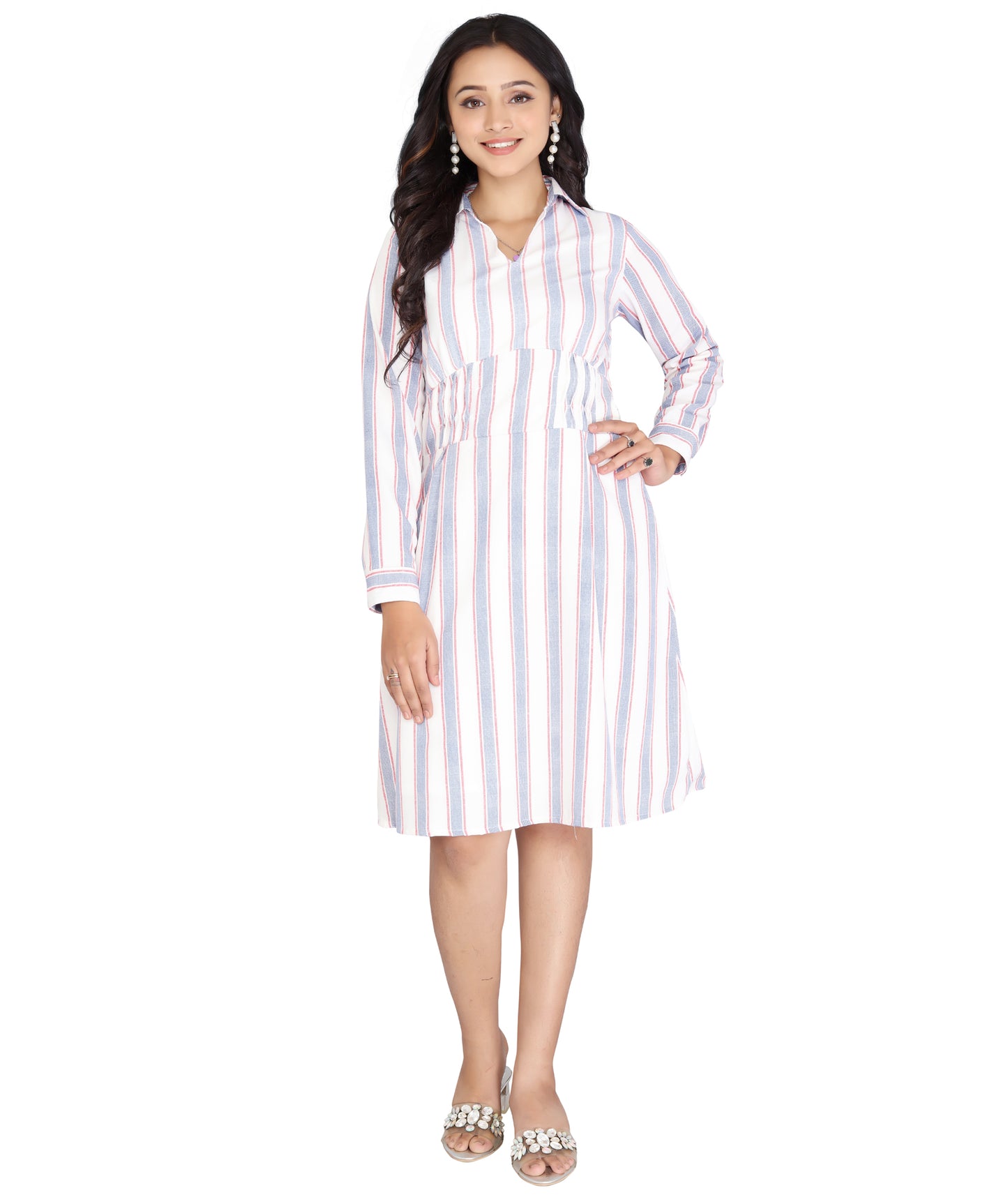 Full front view of the long-sleeve striped polyester dress, featuring its classic striped pattern and elegant silhouette.