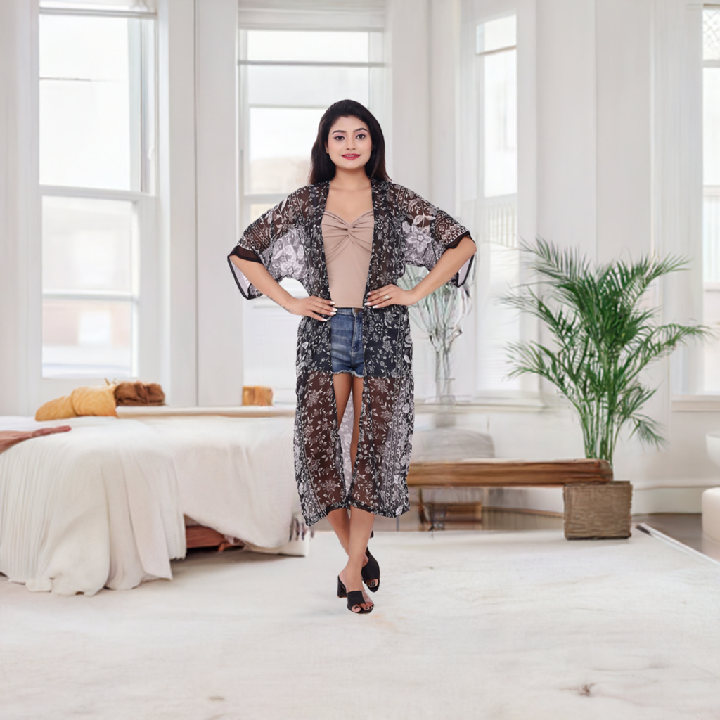 Nature-Inspired Polyester Floral & Leaf Print Shrug | Stylish Coverup for Women | Dazzleup