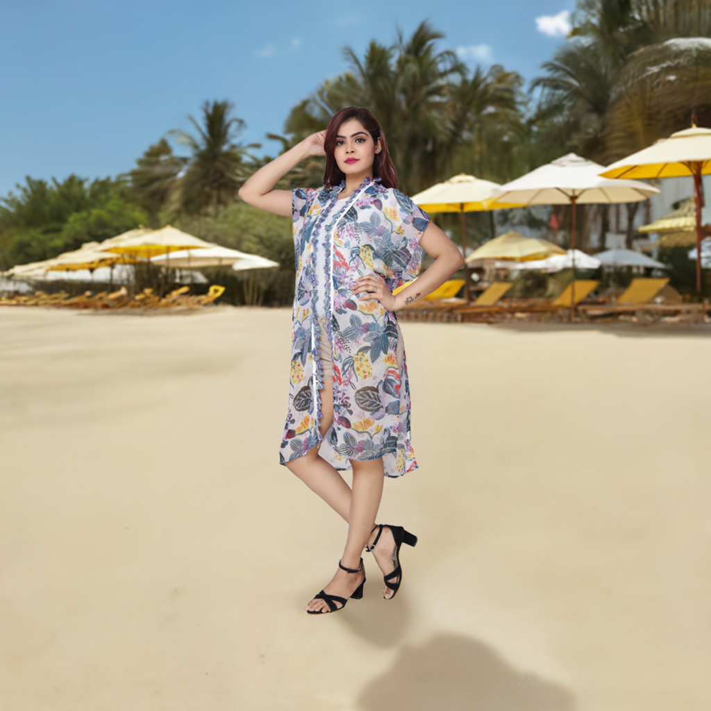 Floral Print Polyester Shrug for Women | Lightweight Summer Jacket | Knee-Length with Tassels