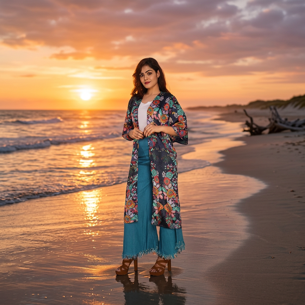 Blue Floral Print Beach Coverup worn over a white top and flared blue pants