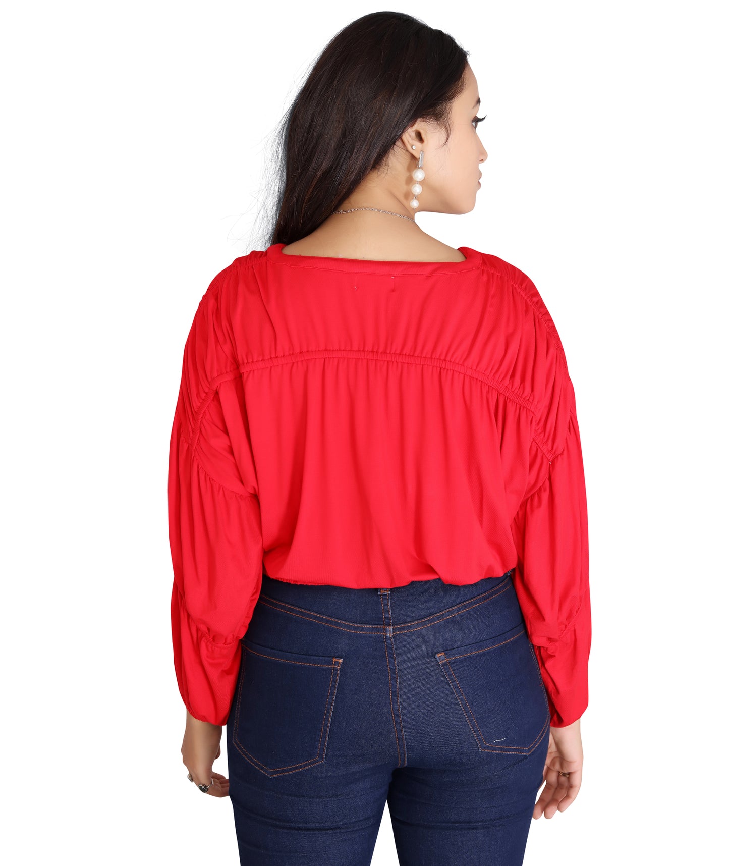 Back view of the Viscose Lycra Hosiery Gathered Top showcasing the relaxed fit and gathered details with 3/4 sleeves.