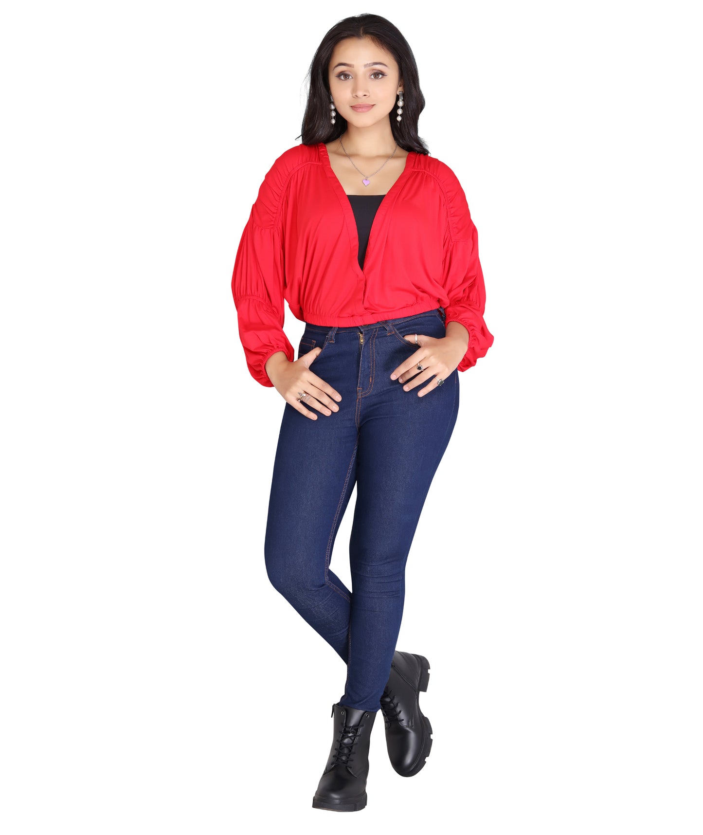 Full-body view of the model wearing the Viscose Lycra Hosiery Gathered Top paired with jeans, highlighting its stylish appeal.