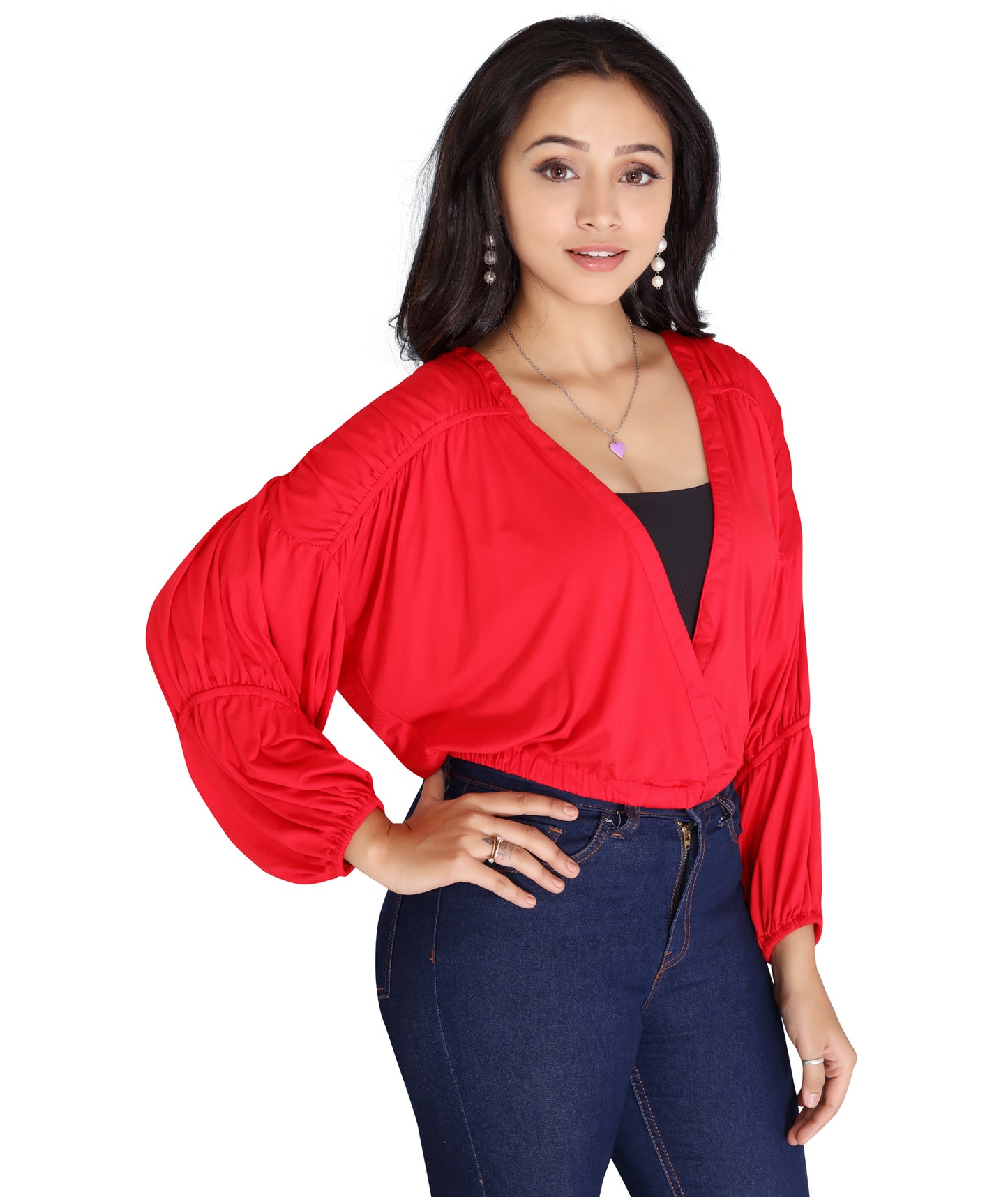 Close-up of the model wearing the Viscose Lycra Hosiery Gathered Top, highlighting its soft fabric and neckline.
