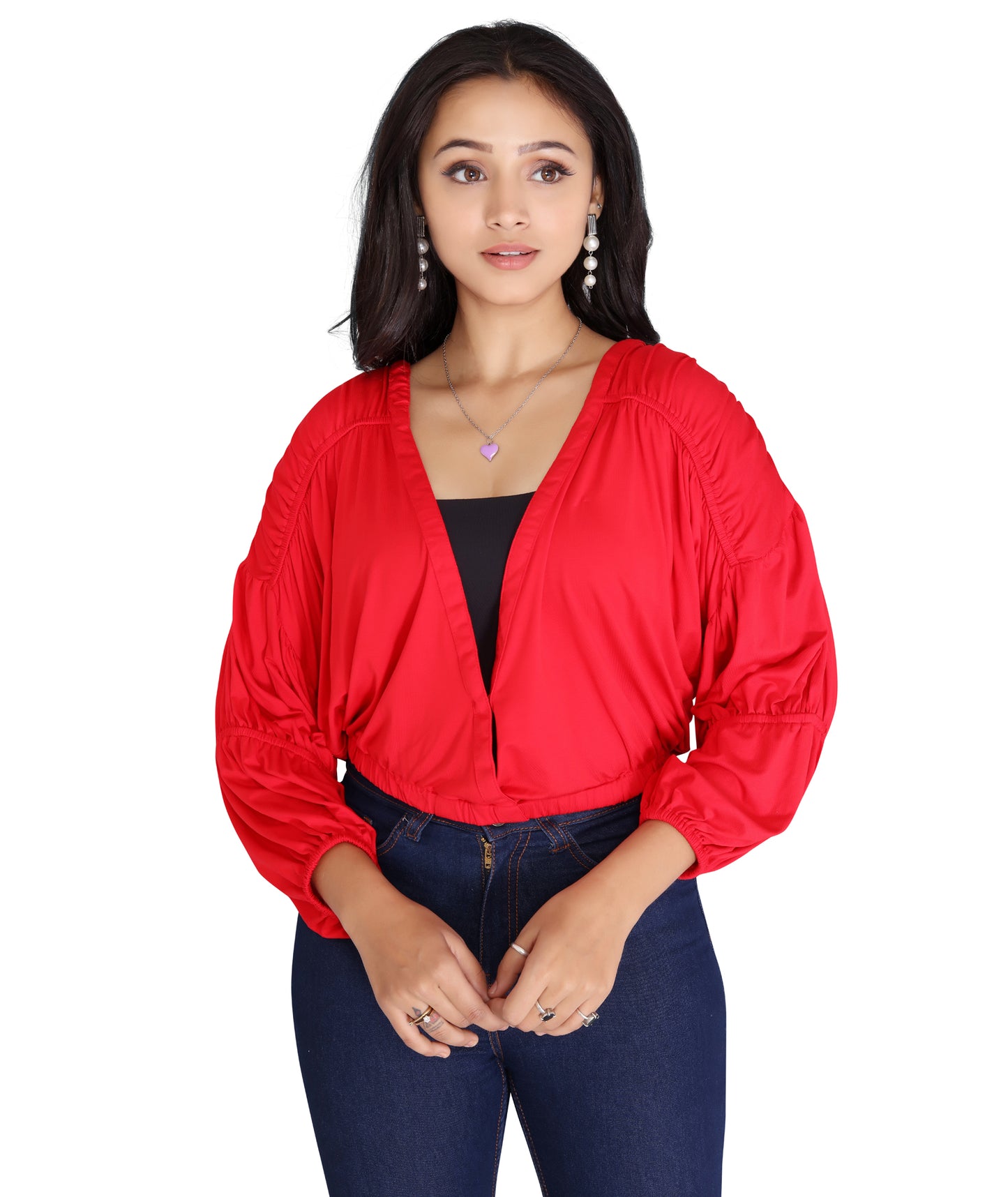 Styled look of the Viscose Lycra Hosiery Gathered Top with jeans and accessories, highlighting its versatility.