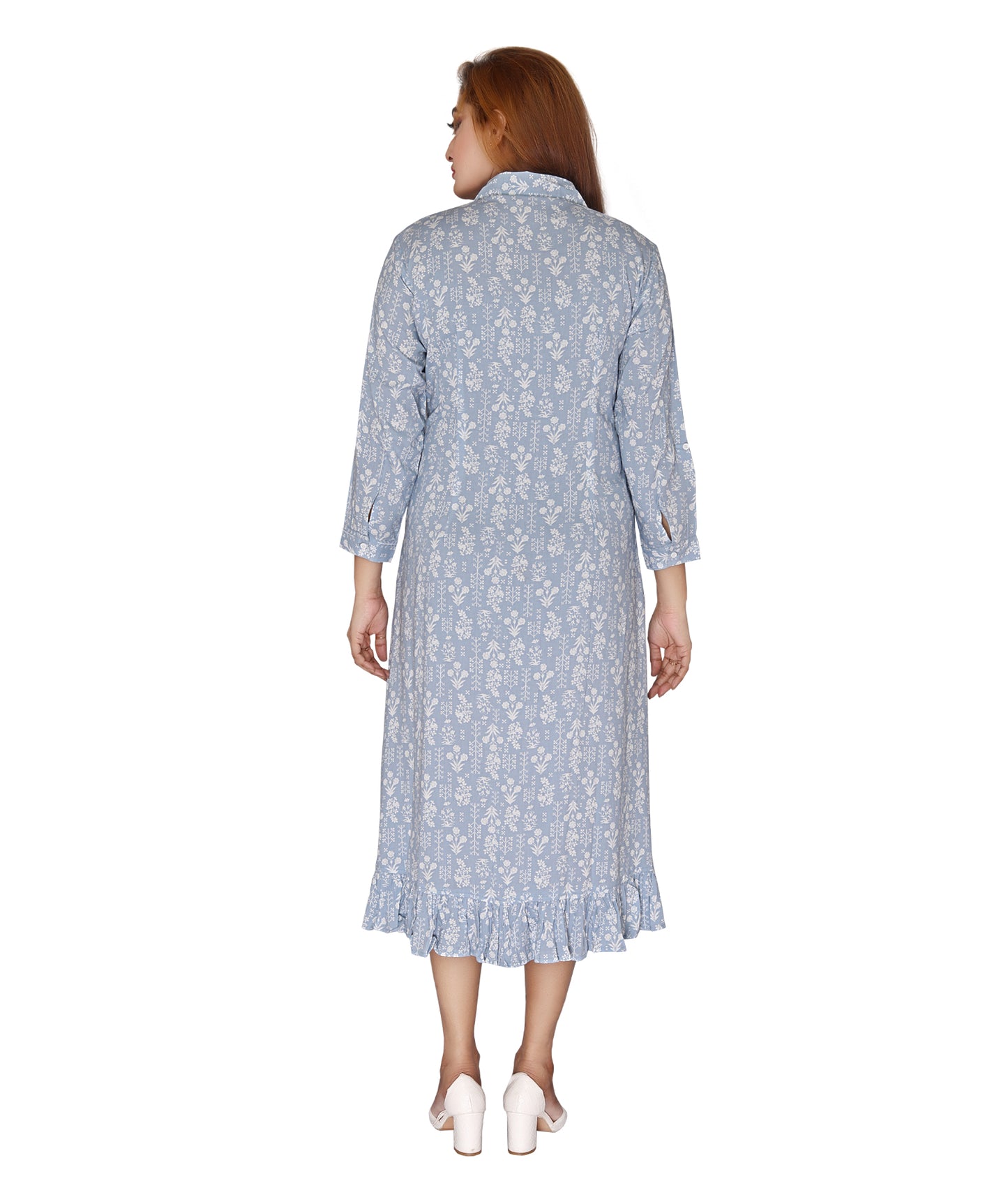 Back view of the Ladies High Low Shirt Dress with a high low hemline and elegant printed design.