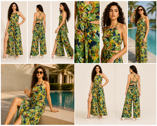 Tropical Halter Neck Beach Coverup with Back Tie Detailing