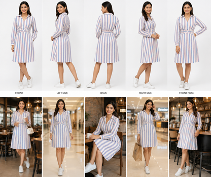 Classic Striped Long-Sleeve Polyester Dress
