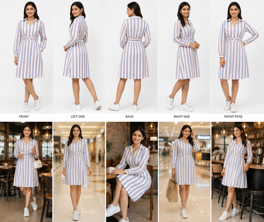 Classic Striped Long-Sleeve Polyester Dress