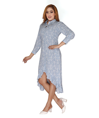 Left side view of the Ladies High Low Shirt Dress highlighting the flowy Rayon fabric and modern hemline.