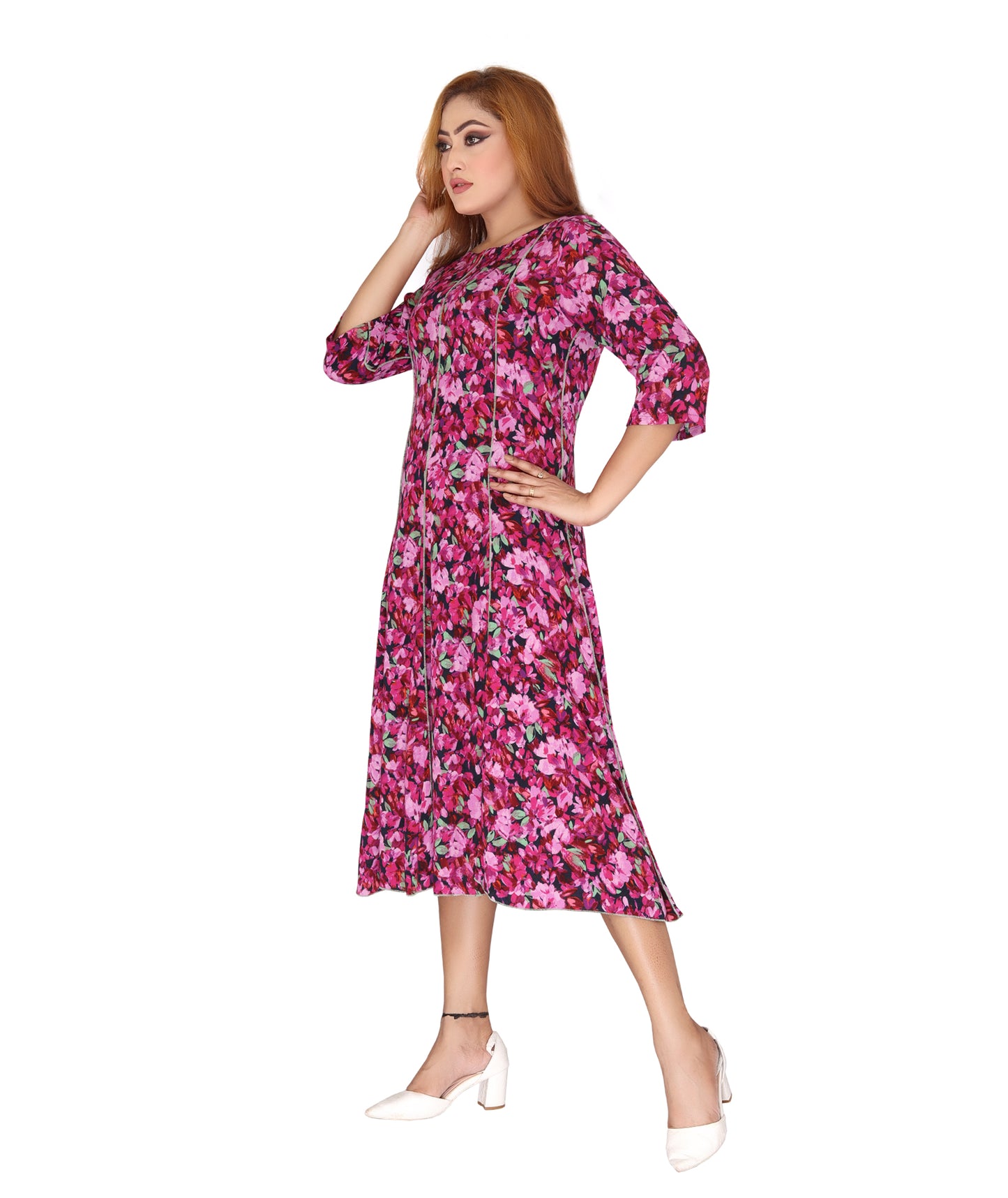 Left side view of the Rayon Crepe Ladies Dress highlighting the lightweight drape and elegant design