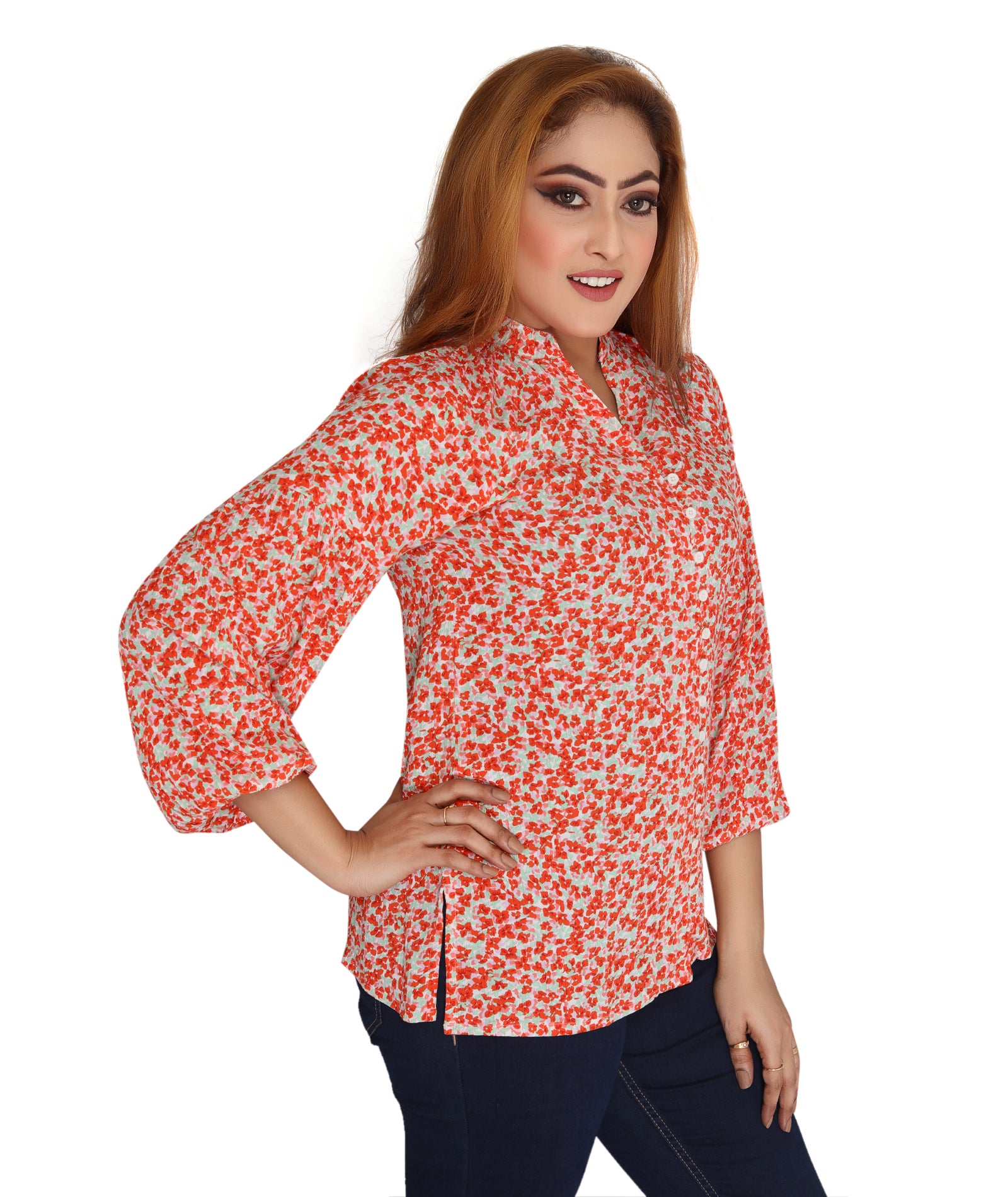 Right side view of the Itz fun Printed Casual Ladies Shirt showing the relaxed fit and trendy design