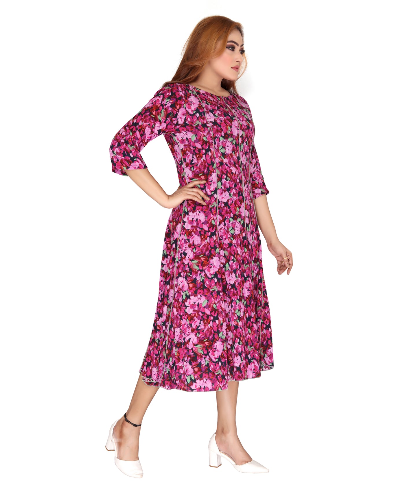 Right side view of the Rayon Crepe Ladies Dress highlighting the lightweight drape and elegant design