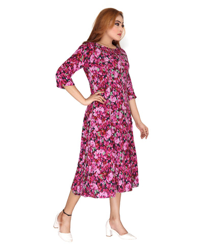Right side view of the Rayon Crepe Ladies Dress highlighting the lightweight drape and elegant design