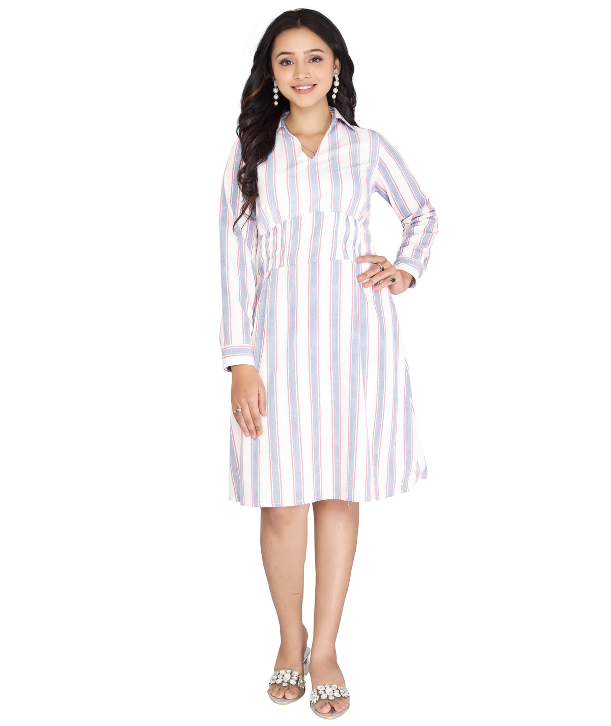 Classic Striped Long-Sleeve Polyester Dress, front view showing the collar and belted waist