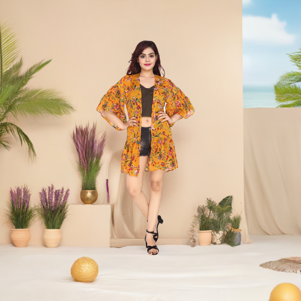 Yellow Floral Beach Shrug worn open over a black top in a summery studio